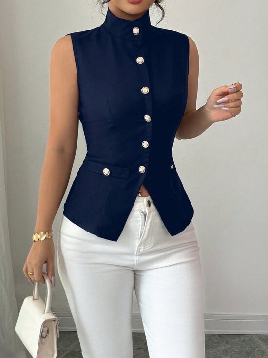 MODA ME COUTURE Tops - Royal Blue Elegant Women's Sleeveless High Neck Front Vest